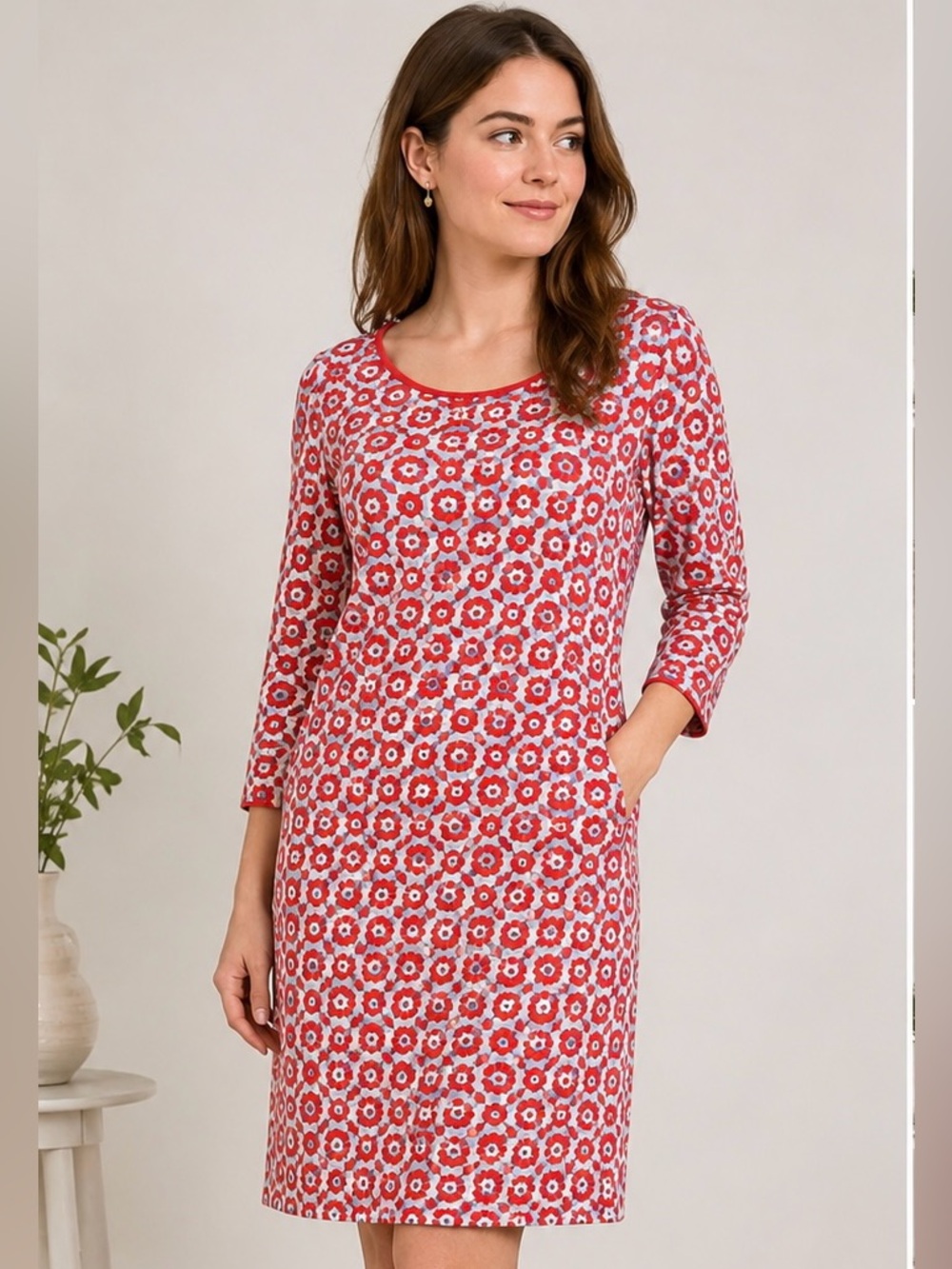 Boden Retro Floral Shift Dress Size 6 Red Gray Cotton Blend 3/4 Sleeve Mod